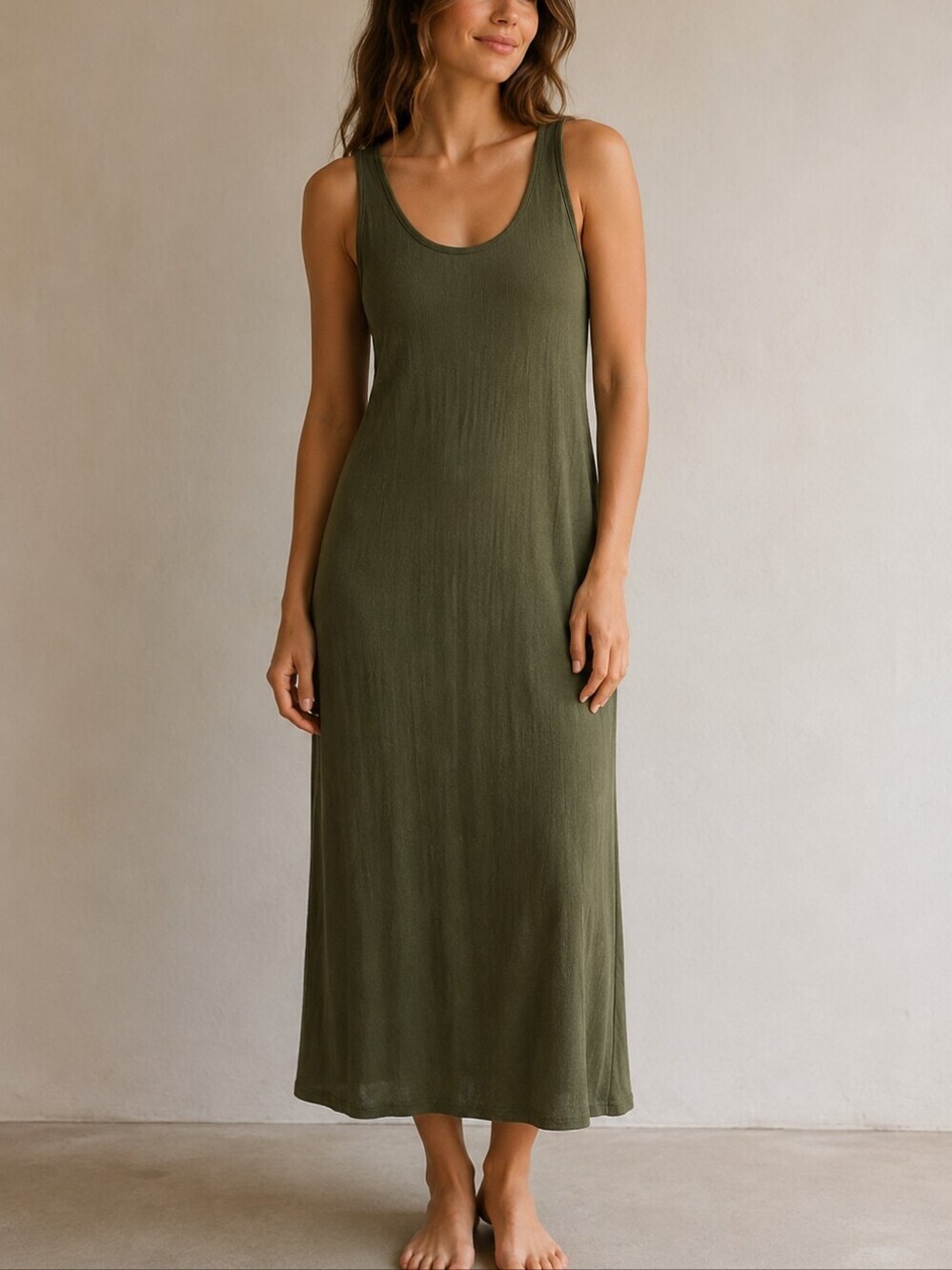 Olive Green Tank Midi Dress L Scoop Neck Grunge Layering Casual Minimalist